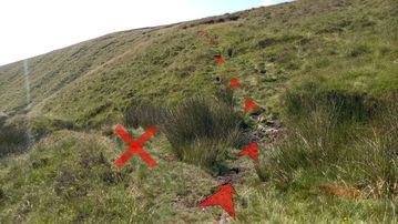 A photo of step 11 of the Axe Edge Walk route, with red arrows superimposed to show the way.
