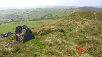 A photo of step 15 of the Axe Edge Walk route, with red arrows superimposed to show the way.