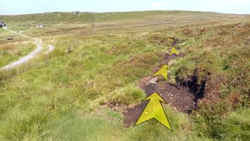 A photo of step 20 of the Axe Edge Walk route, with yellow arrows superimposed to show the way.