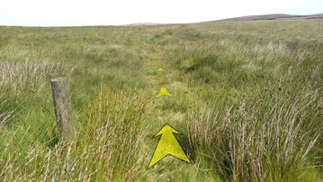 A photo of step 26 of the Axe Edge Walk route, with yellow arrows superimposed to show the way.