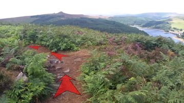 A photo of step 9 of the Bamford Edge Walk route, with red arrows superimposed to show the way.