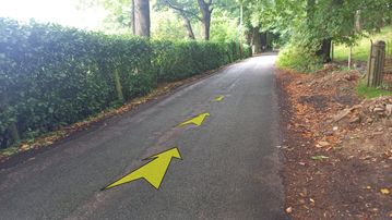 A photo of step 21 of the Bamford Edge Walk route, with yellow arrows superimposed to show the way.