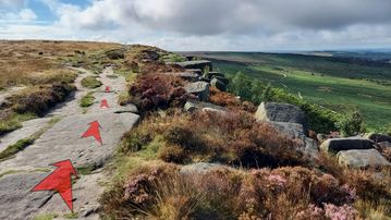 A photo of step 6 of the Burbage Rocks & Higger Tor Walk route, with red arrows superimposed to show the way.