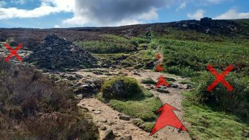A photo of step 7 of the Burbage Rocks & Higger Tor Walk route, with red arrows superimposed to show the way.