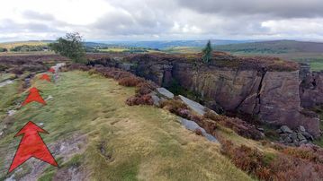 A photo of step 8 of the Burbage Rocks & Higger Tor Walk route, with red arrows superimposed to show the way.