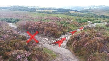 A photo of step 9 of the Burbage Rocks & Higger Tor Walk route, with red arrows superimposed to show the way.