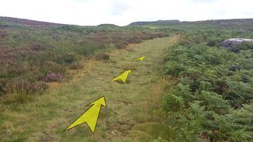 A photo of step 23 of the Burbage Rocks & Higger Tor Walk route, with yellow arrows superimposed to show the way.