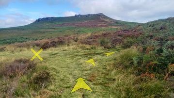 A photo of step 28 of the Burbage Rocks & Higger Tor Walk route, with yellow arrows superimposed to show the way.