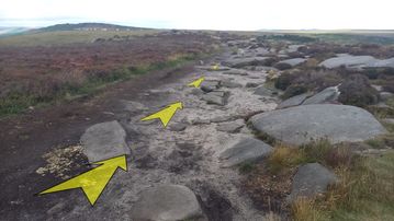 A photo of step 34 of the Burbage Rocks & Higger Tor Walk route, with yellow arrows superimposed to show the way.