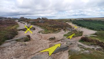 A photo of step 35 of the Burbage Rocks & Higger Tor Walk route, with yellow arrows superimposed to show the way.