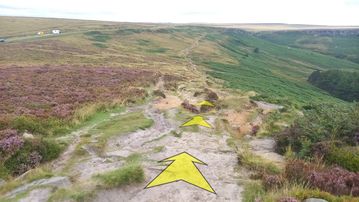A photo of step 37 of the Burbage Rocks & Higger Tor Walk route, with yellow arrows superimposed to show the way.