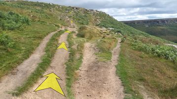 A photo of step 38 of the Burbage Rocks & Higger Tor Walk route, with yellow arrows superimposed to show the way.