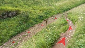 A photo of step 2 of the Chee Dale Walk route, with red arrows superimposed to show the way.