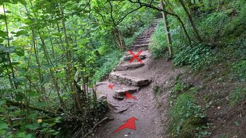 A photo of step 14 of the Chee Dale Walk route, with red arrows superimposed to show the way.