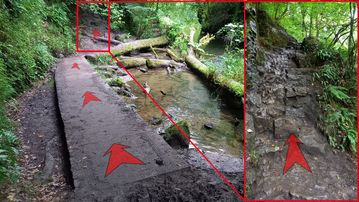 A photo of step 20 of the Chee Dale Walk route, with red arrows superimposed to show the way.