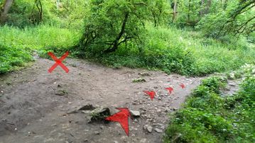 A photo of step 22 of the Chee Dale Walk route, with red arrows superimposed to show the way.