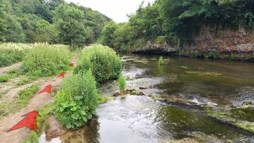 A photo of step 24 of the Chee Dale Walk route, with red arrows superimposed to show the way.