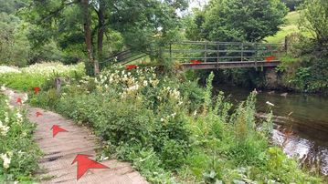 A photo of step 25 of the Chee Dale Walk route, with red arrows superimposed to show the way.