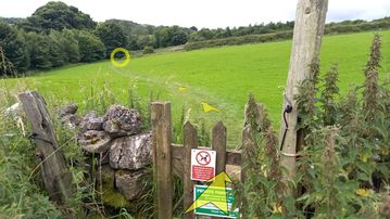 A photo of step 37 of the Chee Dale Walk route, with yellow arrows superimposed to show the way.