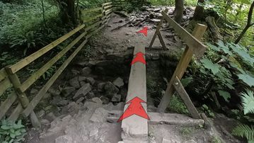 A photo of step 21 of the Chee Dale Walk route, with red arrows superimposed to show the way.