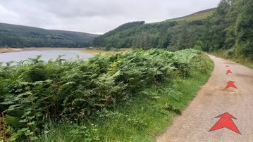 A photo of step 8 of the Derwent Reservoir Walk route, with red arrows superimposed to show the way.