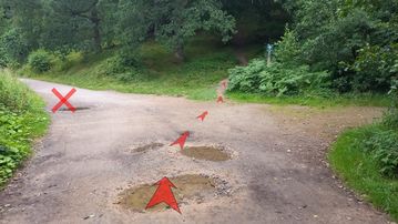 A photo of step 9 of the Derwent Reservoir Walk route, with red arrows superimposed to show the way.