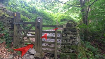 A photo of step 11 of the Derwent Reservoir Walk route, with red arrows superimposed to show the way.