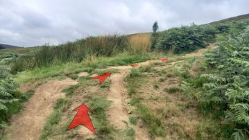 A photo of step 14 of the Derwent Reservoir Walk route, with red arrows superimposed to show the way.