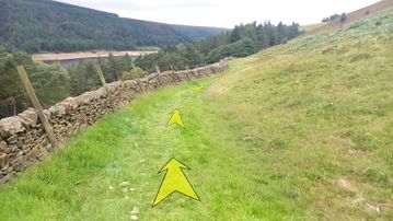 A photo of step 26 of the Derwent Reservoir Walk route, with yellow arrows superimposed to show the way.