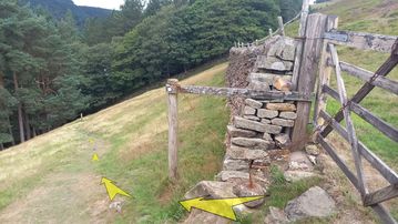 A photo of step 27 of the Derwent Reservoir Walk route, with yellow arrows superimposed to show the way.