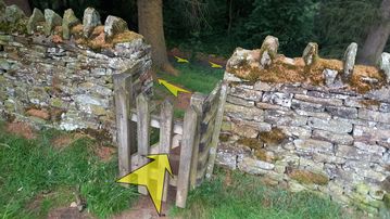 A photo of step 28 of the Derwent Reservoir Walk route, with yellow arrows superimposed to show the way.