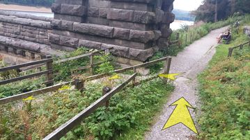 A photo of step 30 of the Derwent Reservoir Walk route, with yellow arrows superimposed to show the way.