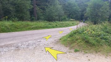A photo of step 32 of the Derwent Reservoir Walk route, with yellow arrows superimposed to show the way.