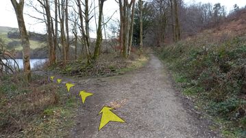 A photo of step 14 of the Fernilee Reservoir Walk route, with yellow arrows superimposed to show the way.