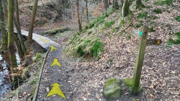 A photo of step 15 of the Fernilee Reservoir Walk route, with yellow arrows superimposed to show the way.