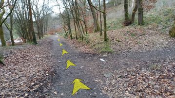 A photo of step 17 of the Fernilee Reservoir Walk route, with yellow arrows superimposed to show the way.
