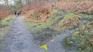 A photo of step 18 of the Fernilee Reservoir Walk route, with yellow arrows superimposed to show the way.