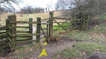 A photo of step 21 of the Fernilee Reservoir Walk route, with yellow arrows superimposed to show the way.