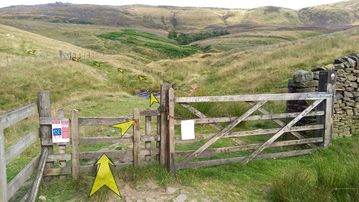 A photo of step 13 of the Kinder Reservoir Walk route, with yellow arrows superimposed to show the way.