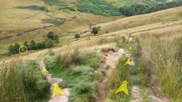 A photo of step 18 of the Kinder Reservoir Walk route, with yellow arrows superimposed to show the way.