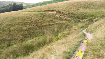 A photo of step 22 of the Kinder Reservoir Walk route, with yellow arrows superimposed to show the way.