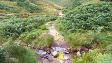 A photo of step 25 of the Kinder Reservoir Walk route, with yellow arrows superimposed to show the way.