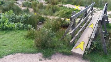 A photo of step 26 of the Kinder Reservoir Walk route, with yellow arrows superimposed to show the way.