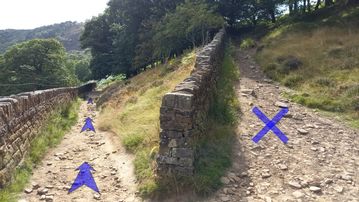 A photo of step 30 of the Kinder Reservoir Walk route, with blue arrows superimposed to show the way.