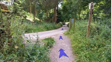 A photo of step 34 of the Kinder Reservoir Walk route, with blue arrows superimposed to show the way.