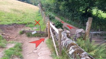 A photo of step 5 of the Lud's Church Walk route, with red arrows superimposed to show the way.