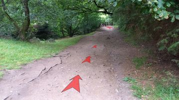 A photo of step 7 of the Lud's Church Walk route, with red arrows superimposed to show the way.