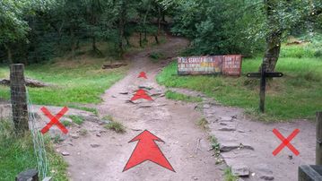 A photo of step 8 of the Lud's Church Walk route, with red arrows superimposed to show the way.