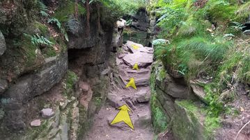 A photo of step 15 of the Lud's Church Walk route, with yellow arrows superimposed to show the way.