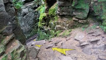 A photo of step 16 of the Lud's Church Walk route, with yellow arrows superimposed to show the way.